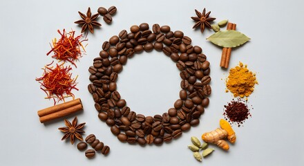 Fototapeta premium Aromatic Spice and Coffee Bean Composition on White Background