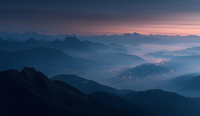 Obraz premium a panoramic view of the alps at night, with misty mountains and city lights in the distance. the sky is painted in soft pastel hues as the sun sets behind them, 
