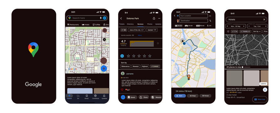 Google Maps UI mockup dark mode with navigation, search, hotels and reviews screens.