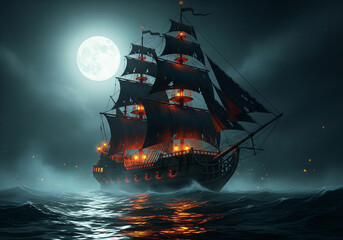 A ghost pirate ship sailing on a misty sea under the light of a full moon
