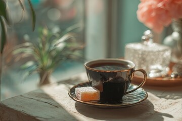 Cozy coffee scene by the window
