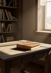 Old book rests on wooden table in sunlit study