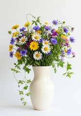 Wildflowers bloom abundantly in ceramic vase