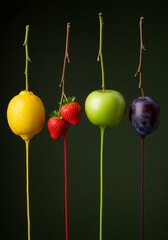 Fruits suspend gracefully in studio lighting