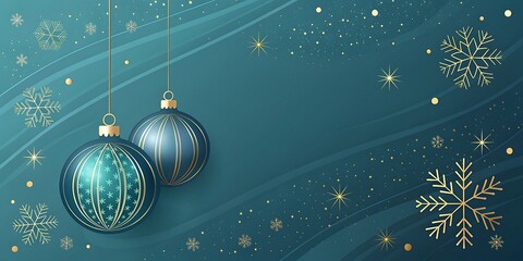 Teal Christmas Background: Festive Ornaments and Sparkling Snowflakes