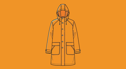 Line drawing illustration of a hooded waterproof raincoat jacket. © gudangPIXEL