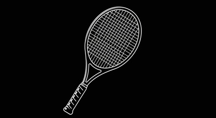 Tennis Racket Outline Drawing on Black Background.