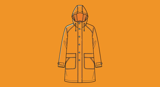 Line drawing illustration of a hooded waterproof raincoat jacket.