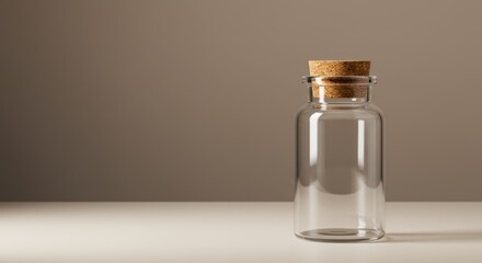 Glass bottle stands with cork stopper on neutral surface