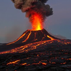 Volcano erupts dramatically during nighttime in a volcanic landscape