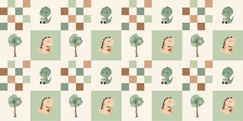 Cute dinosaurs checkerboard pattern. Jungle dinosaurs animal seamless pattern. Safari dinosaurs and tropical plants. Perfect for fabrics, print, textile, wallpaper, decor.