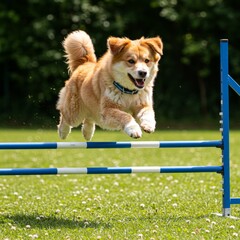 Dog jumps hurdle in outdoor agility course