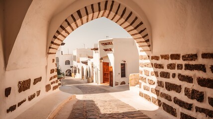 A Picturesque View Through an Archway: Glimpse into a Charming Whitewashed Mediterranean Village Street