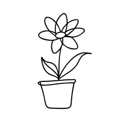 Continuous line drawing of a flower in a pot. Beautiful flower Isolated on a white background. Vector illustration