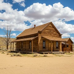 Abandoned building stands weathered in desert landscape