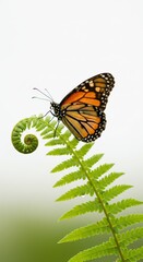 Monarch butterfly perches on fern in lush forest