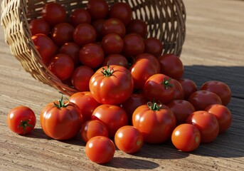Tomatoes spilling from basket in sunlight