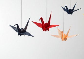 Origami cranes hang gracefully in minimalist interior