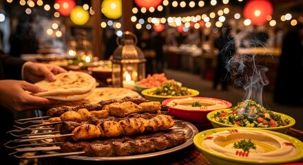 Fototapeta premium Middle Eastern Food Buffet with Skewers and Hummus