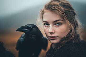 Portrait of a young woman with a raven