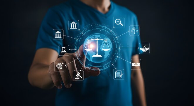 Global Justice and Law Concept: Digital Scales of Justice with Icons - Powered by Adobe