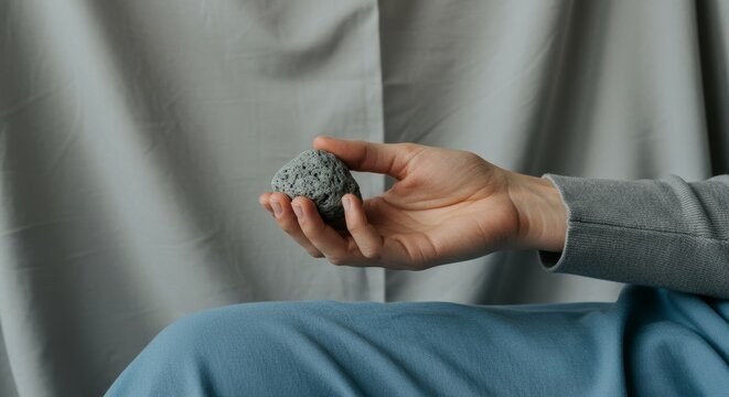 Hand holding stone explores tactile sensation in mindful stillness