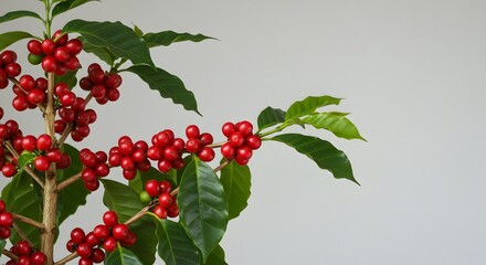 Obraz premium Coffee Plant with Ripe Red Coffee Cherries and Green Leaves