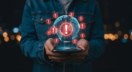 Global Warning and Alert System Concept - Digital Globe with Exclamation Marks