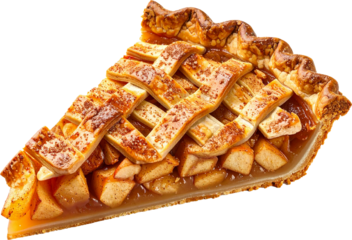 Apple pie slice with lattice crust and cinnamon spiced filling isolated on white background