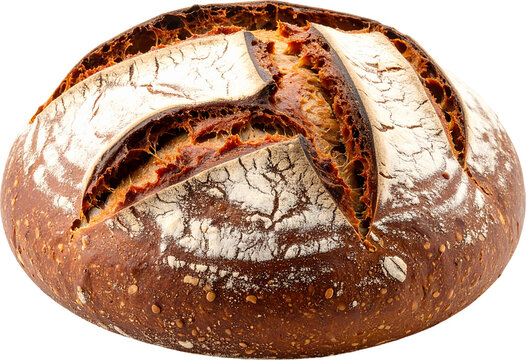Dark rye sourdough bread with seeds and flour dusting showing rustic cracked crust pattern