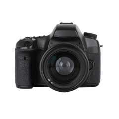 Black Digital Camera Front View with Transparent Background
