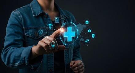 Person Touching Digital Medical Icons with World Map Background
