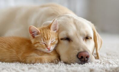 Obraz premium cute orange kitten sleeping on the back of a cute beige labrador dog, with a happy and content expression, on a white carpet in a bright room,