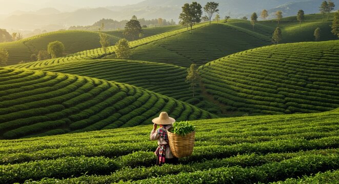 Tea farmer harvests crops on rolling green