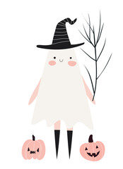 Ghost wearing witch hat holding branch standing between two pumpkins with faces. Flat vector illustration isolated on white background. Halloween celebration and autumn holiday concept for greeting