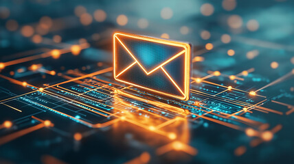 Digital email icon glowing in orange light on futuristic circuit board background, symbolizing electronic communication and technology innovation in modern digital network environment