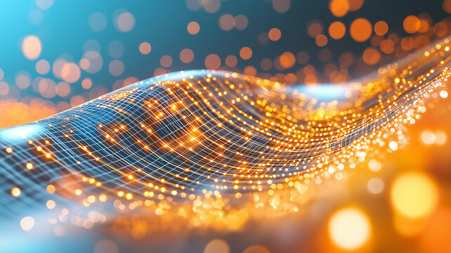 Futuristic glowing scatter plot points create dynamic wave pattern with bright orange and blue light effects, evoking sense of advanced technology and digital data flow