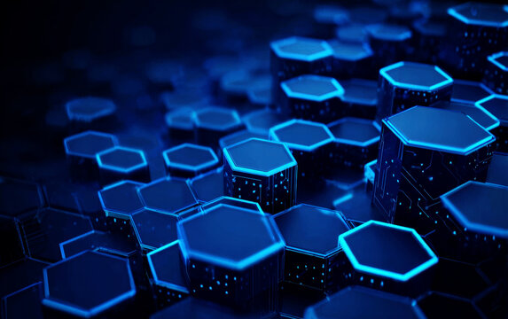 Abstract Blue Hexagonal Structures in a Digital Technology Scene
