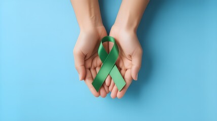 September World lymphoma and October Mental health day Awareness month, Woman holding lime green Ribbon color on blue background for supporting people living, and illness. Healthcare concepts
