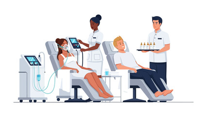 Two diverse patients receiving advanced aesthetic treatments in a modern clinic with medical professionals operating sophisticated equipment and offering personalized care