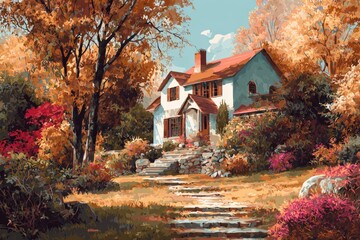 Obraz premium Charming Autumn Landscape with Cozy House Surrounded by Colorful Foliage and Scenic Walkway