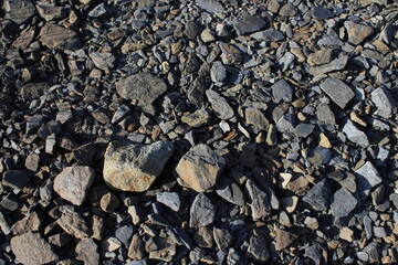Basalt rocks and stones texture background. Basalt and train rails rocks 