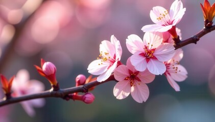 Naklejka premium Delicate pink blossoms burst forth on a graceful cherry tree branch , seasonal, pretty