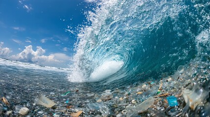 Stunning ocean wave barrels over plastic pollution, highlighting environmental crisis and urgent need for change