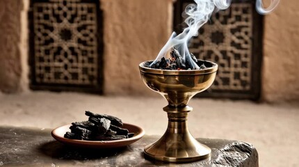 A traditional Arabic incense burner made of brass, filled with burning agarwood chips releasing thin streams of smoke.