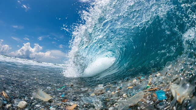 Stunning ocean wave barrels over plastic pollution, highlighting environmental crisis and urgent need for change - Powered by Adobe