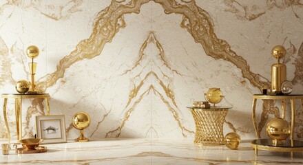 A room with golden decor against a goldveined marble wall  floor
