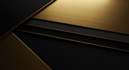Abstract composition golden planes intersect with black surfaces creating a layered angular design