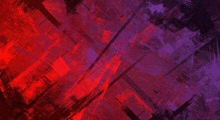 Abstract painting with red and purple color splashes and brushstrokes