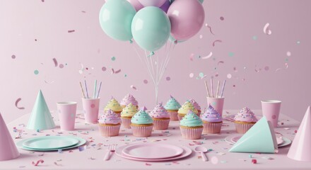 Birthday party setup pastel table with cupcakes plates hats balloons and confetti